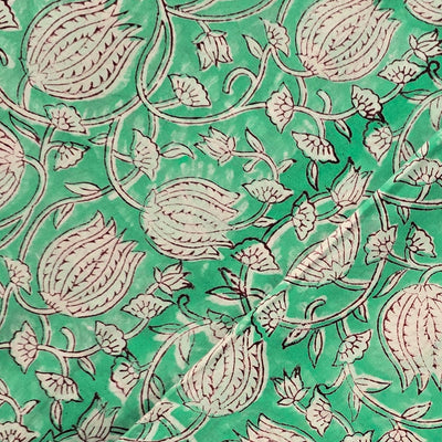 Pure Cotton Jaipuri Mint Green And White Lotus Jaal Hand Block Print Fabric