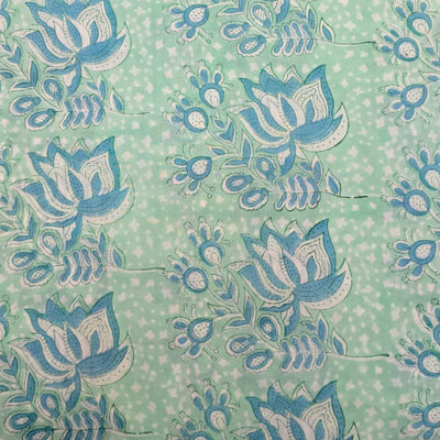 Pure Cotton Jaipuri Mint Green With Lotus  Hand Block Print Fabric