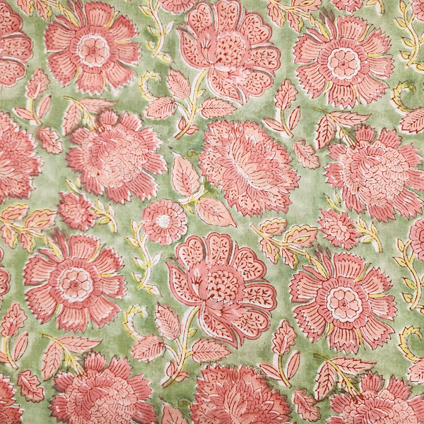 Pure Cotton Jaipuri Mint Green With Peach Wild Flower Jaal Hand Block Print Fabric