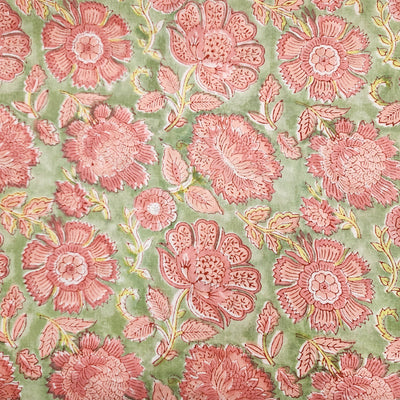Pure Cotton Jaipuri Mint Green With Peach Wild Flower Jaal Hand Block Print Fabric