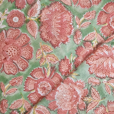 Pure Cotton Jaipuri Mint Green With Peach Wild Flower Jaal Hand Block Print Fabric