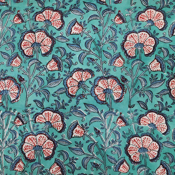 Pre-Cut 1.80 Meter Pure Cotton Jaipuri Mint Green With Red Jungle Flower Jaal Hand Block Print Fabric