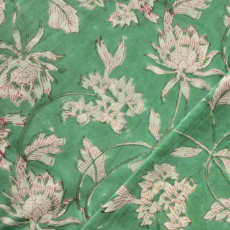 Pure Cotton Jaipuri Mint Green With White Flower Jaal Hand Block Print Fabric