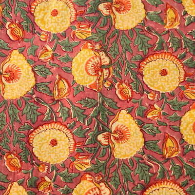 Pure Cotton Jaipuri Mul Drak Pink With Green And Mustard Wild Flower Jaal Hand Block Print Fabric