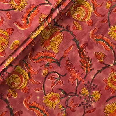 Pure Cotton Jaipuri Mul Drak Pink With Mustard Flower Jaal Hand Block Print Fabric