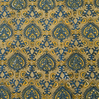 Pure Cotton Jaipuri Mustard And Blue Intricate Design Hand Block Print Fabric