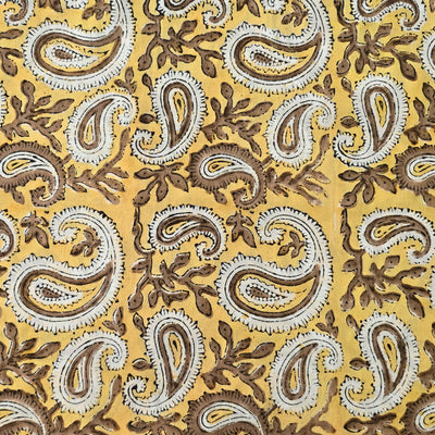 Pure Cotton Jaipuri Mustard And Brown Kairi Jaal Hand Block Print Fabric
