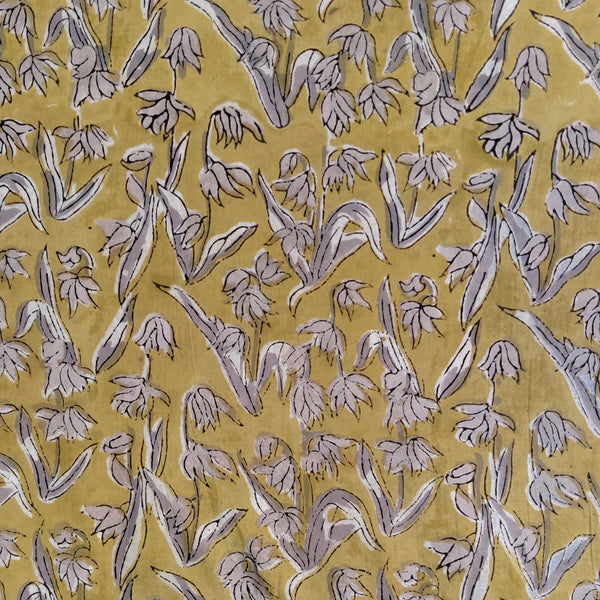 (Pre-cut 0.95 cm )Pure Cotton Jaipuri Mustard With Grey Floral Plant  Hand Block Print Fabric