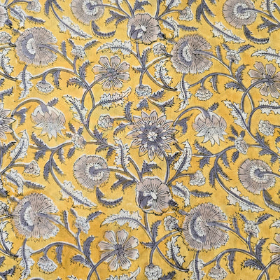 Pure Cotton Jaipuri Mustard With Grey Flower Jaal Hand Block Print Fabric