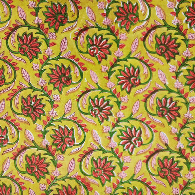 ( Pre-Cut 1.15 Meter ) Pure Cotton Jaipuri Mustard With Orange And Green Flower Creeper Hand Block Print Fabric