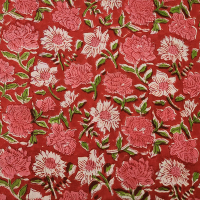 (Pre-Cut 1.50 Meter )Pure Cotton Jaipuri Orange With Lillies And Roses Motif Hand Block Print Fabric