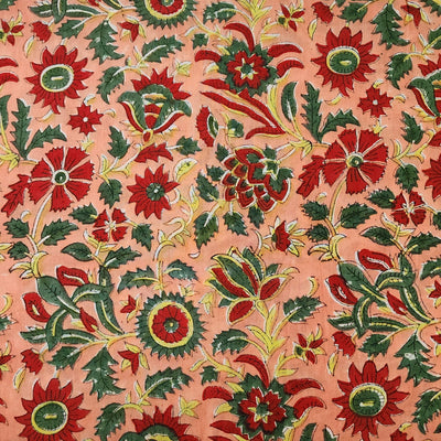 Pure Cotton Jaipuri Orange With Red Flower Jaal Hand Block Print Fabric