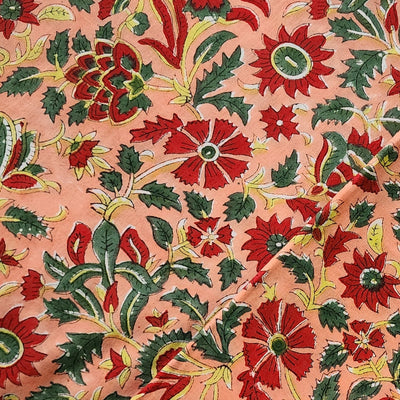 Pure Cotton Jaipuri Orange With Red Flower Jaal Hand Block Print Fabric