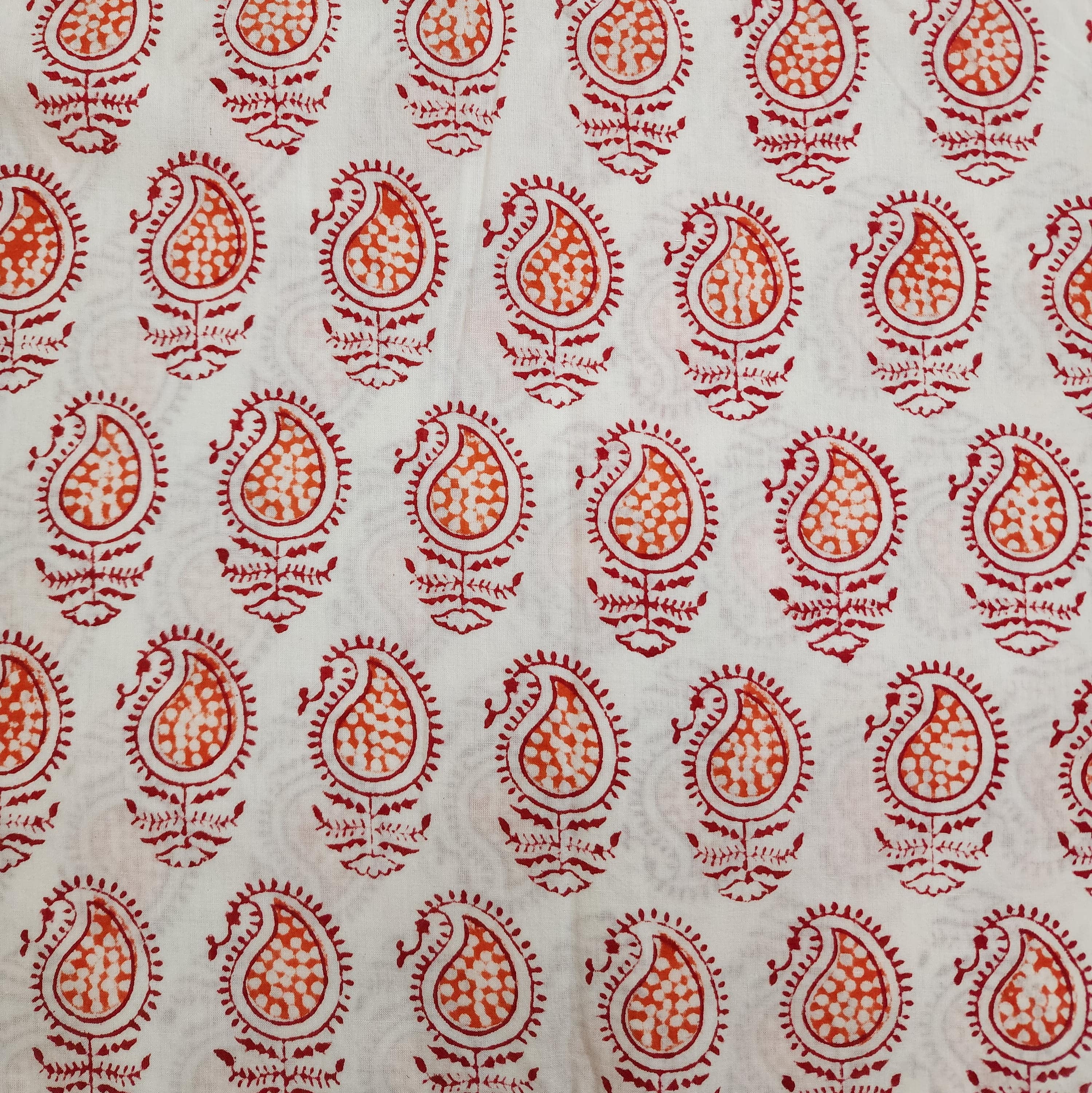 Pre-cut 0.90 cm Pure Cotton Jaipuri Orange With Red Kairi Hand Block P ...