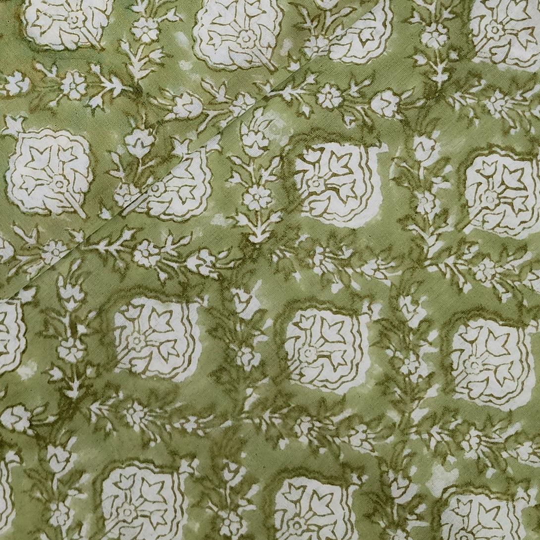 ( Pre-Cut 1.93 Meter) Pure Cotton Jaipuri Pastel Green With All Over P ...