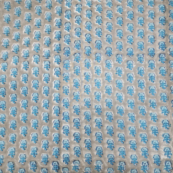 ( Pre-Cut 1 Meter ) Pure Cotton Jaipuri Pastel Grey With Light Blue Small Flower Motifs Hand Block Print Fabric
