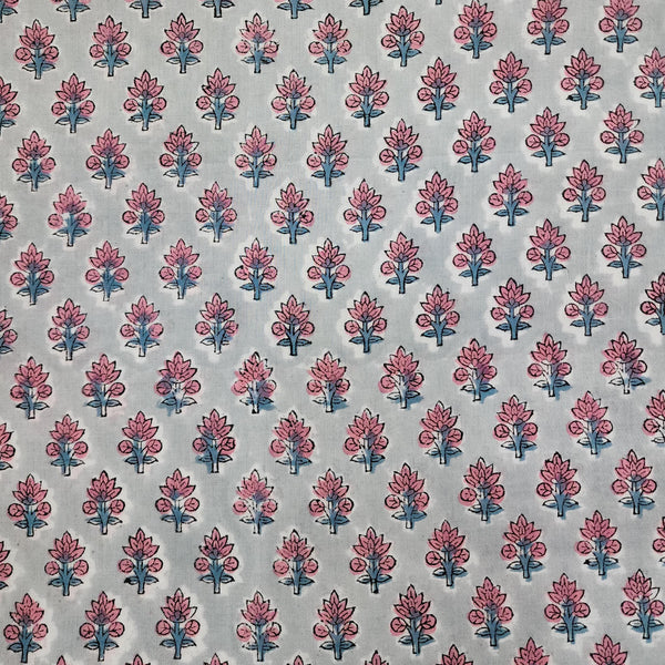 (Blouse Piece 1.30 meter)Pure Cotton Jaipuri Pastel Grey With Pink Teal Small Flowers Hand Block Print Fabric