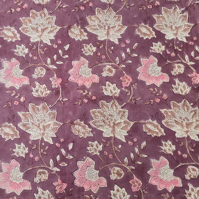 Pure Cotton Jaipuri Pastel Mauve With Pink And Cream Floral Jaal Hand Block Print Fabric