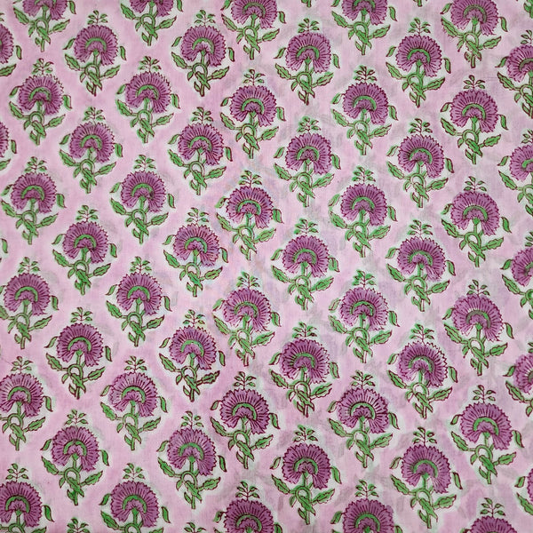 PRE-CUT 1.90 METER Pure Cotton Jaipuri Pastel Purple Pink With Purple Flower Bud Hand Block Print Fabric