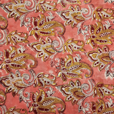 Pure Cotton Jaipuri Peach Pink With Brown Mustard Curvy Kairi Jaal Hand Block Print Fabric
