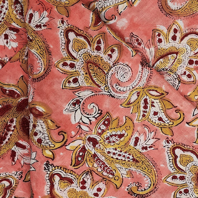 Pure Cotton Jaipuri Peach Pink With Brown Mustard Curvy Kairi Jaal Hand Block Print Fabric