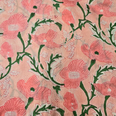 Pure Cotton Jaipuri Peach With Baby Peach Pink Floral Jaal Hand Block Print Fabric