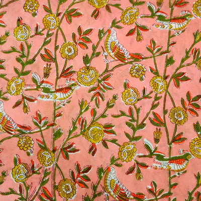( Blouse 0.85 Meter) Pure Cotton Jaipuri Peach With Bird On A Tree Hand Block Print Fabric