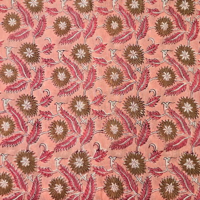 Pure Cotton Jaipuri Peach With Brown Flower Creeper Hand Block Print Fabric