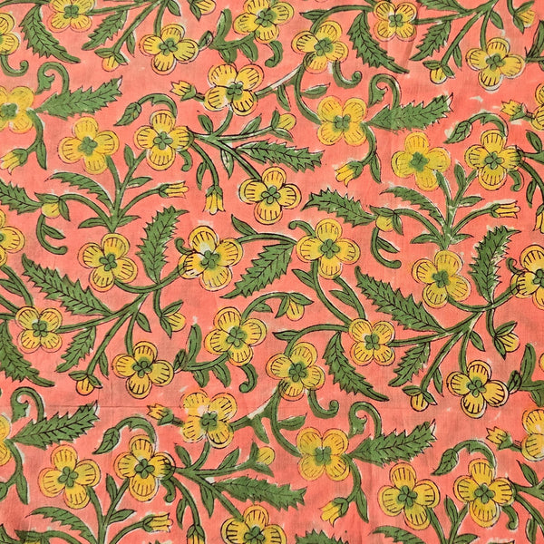 Pure Cotton Jaipuri Peach With Green And Yellow Flower Jaal Hand Block Print Fabric
