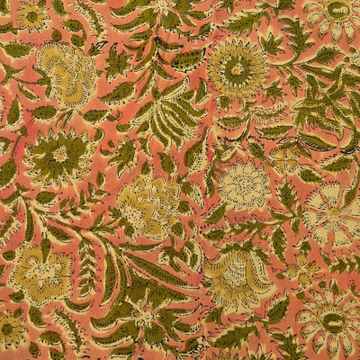 Pure Cotton Jaipuri Peach With Green Flower Jaal Hand Block Print Fabric