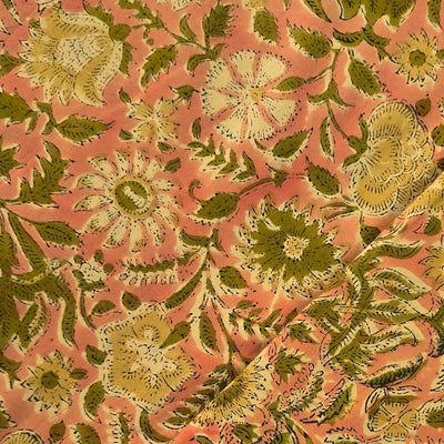 Pure Cotton Jaipuri Peach With Green Flower Jaal Hand Block Print Fabric