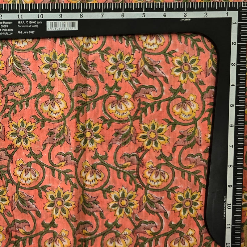 Pure Cotton Jaipuri Peach With Light Yellow Jungle Jaal Hand Block Print Fabric