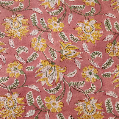 Pure Cotton Jaipuri Peach With Mustard And Green Flower Jaal Hand Block Print Fabric