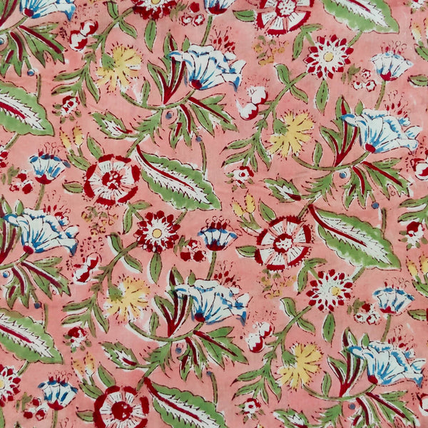 Pure Cotton Jaipuri Peach With Red And Green Flower Jaal Hand Block Print Fabric