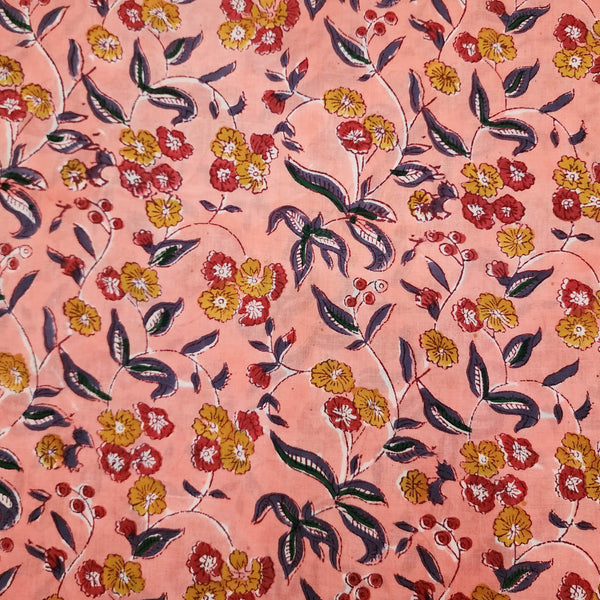 (Pre-Cut 0.80 Meter) Pure Cotton Jaipuri Peach With Small Flower Jaal Hand Block Print Fabric