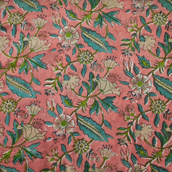 Pure Cotton Jaipuri Peach With Teal Blue Flower Jaal Hand Block Print Fabric