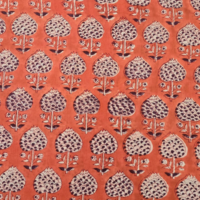 Pure Cotton Jaipuri Peach With  White And Blue Mashroom Hand Block Print Fabric