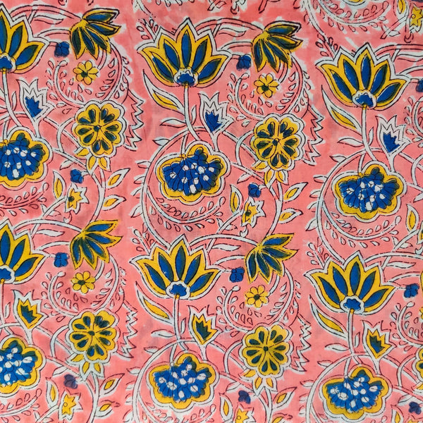 (PRE-CUT 1 METER) Pure Cotton Jaipuri Peach With Yelow Blue Floral Jaal Hand Block Print Fabric