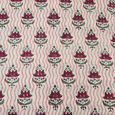 Pure Cotton Jaipuri Pink Wavy Lines With Motifs Hand Block Print Fabric