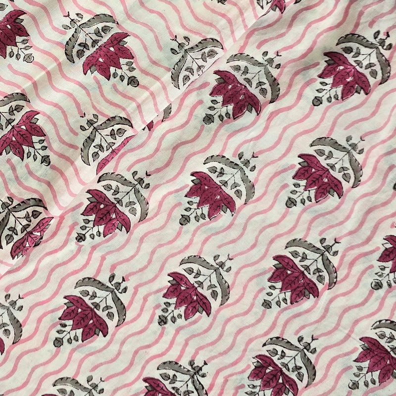 Pure Cotton Jaipuri Pink Wavy Lines With Motifs Hand Block Print Fabric