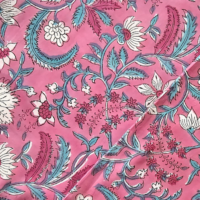 Pure Cotton Jaipuri Pink With Blue And White Flower Jaal Hand Block Print Fabric
