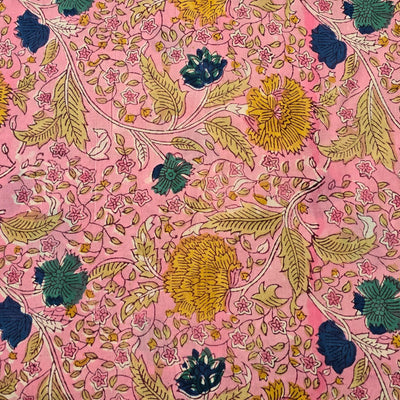 Pure Cotton Jaipuri Pink With Blue And Yellow Jaal Hand Block Print Fabric