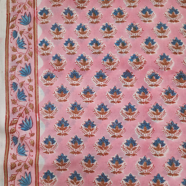 Pre-cut 1.75 meter Pure Cotton Jaipuri Pink With Blue Floral Motifs Hand Block Print Fabric
