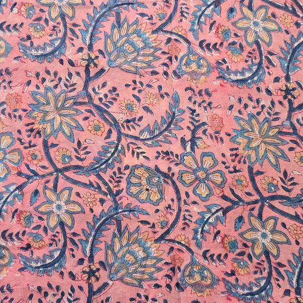 Pure Cotton Jaipuri Pink With Blue Flower Jaal Hand Block Print Fabric