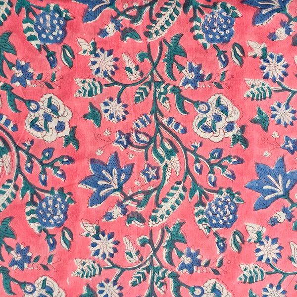 Pure Cotton Jaipuri Pink With Blue Jungle Flower Jaal Hand Block Print Fabric