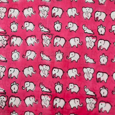 ( Pre-Cut 1 Meter ) Pure Cotton Jaipuri Pink With Elephant Hand Block Print Fabric