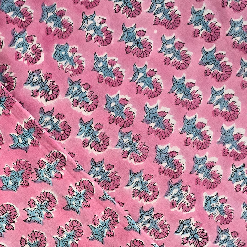 Pure Cotton Jaipuri Pink With Flower Motif Hand Block Print Fabric