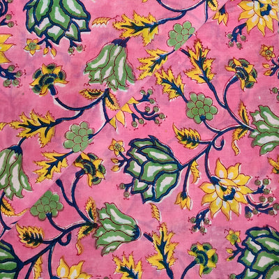 ( Pre-Cut 1 Meter ) Pure Cotton Jaipuri Grey With Small Pink Yellow Flower Motifs Block Print Fabric