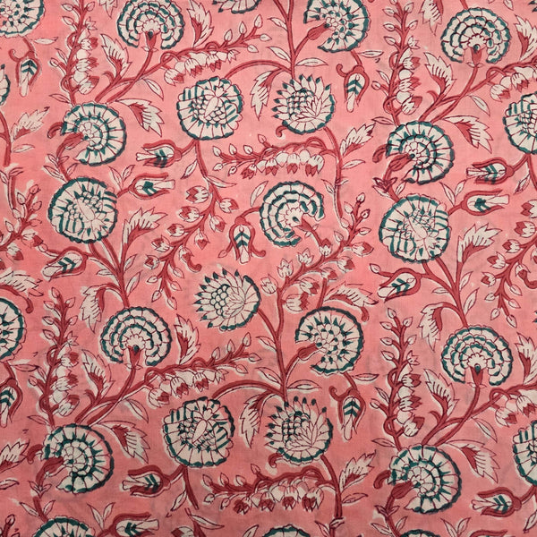 ( PRE CUT 2.25 METER )Pure Cotton Jaipuri Pink With Green Flower Jaal Hand Block Print Fabric