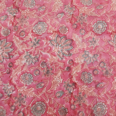 Pure Cotton Jaipuri Pink With Grey Peach Floral Jaal Hand Block Print Fabric